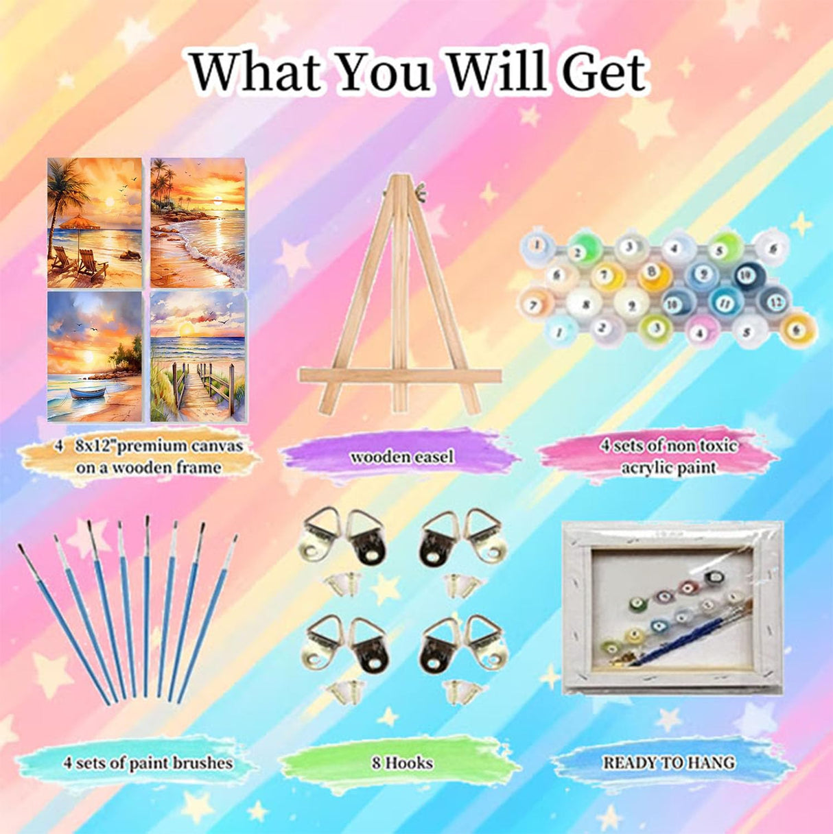 4 Pack Framed Paint by Numbers Kit for Adults Beginners-Beach Adult Paint by Number Kits on Canvas Framed, Sunset Landscape DIY Acrylic Oil Painting by Numbers for Adults for Gift Home Decor(8x12inch) Arttoplus