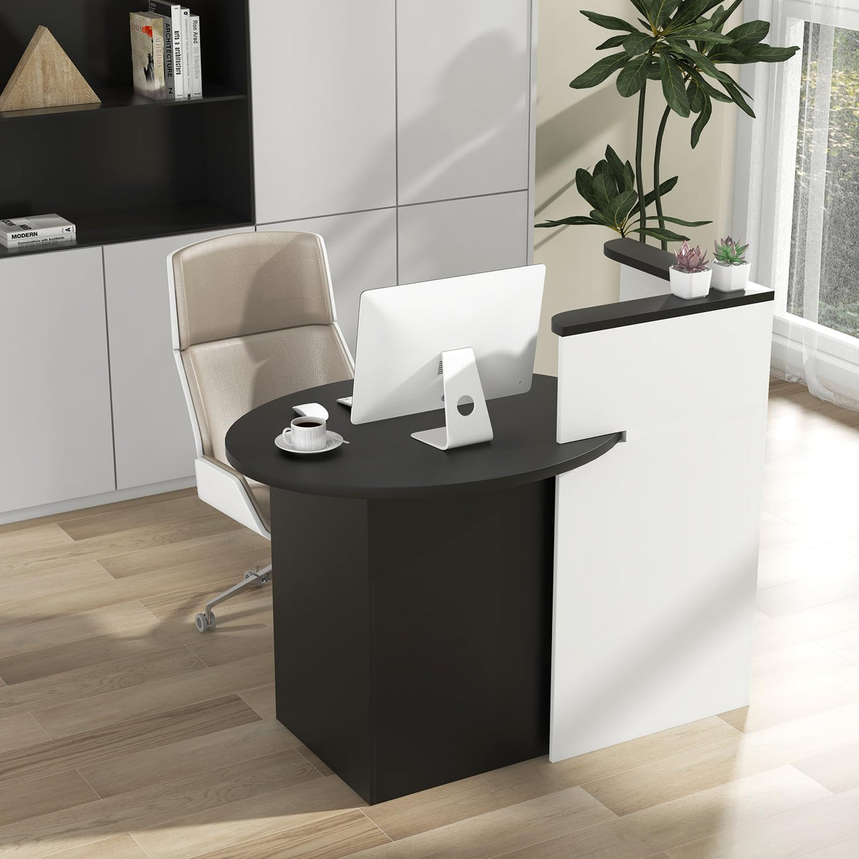 IFANNY Reception Desk, 48’’ Retail Counter w/Lockable Drawer & Storage Shelf, L-Shaped Reception Table, Wooden Computer Desk for Salon, Restaurant, Office (Black & White) IFANNY