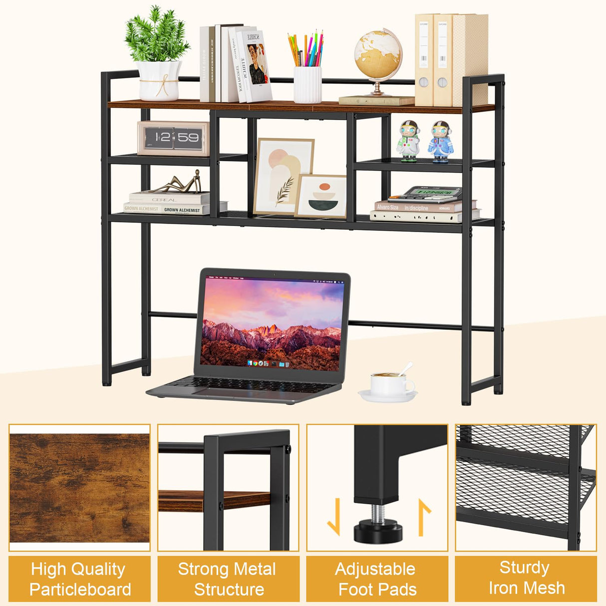 Snughome Desk Shelf, 38.6" Desktop Bookshelf, Desk Hutch Dorm, Countertop Storage Hutch with 5 Shelves for Computer Desk, Multipurpose Wood Desktop Display Organizer Rack for Home Office Dorm Snughome