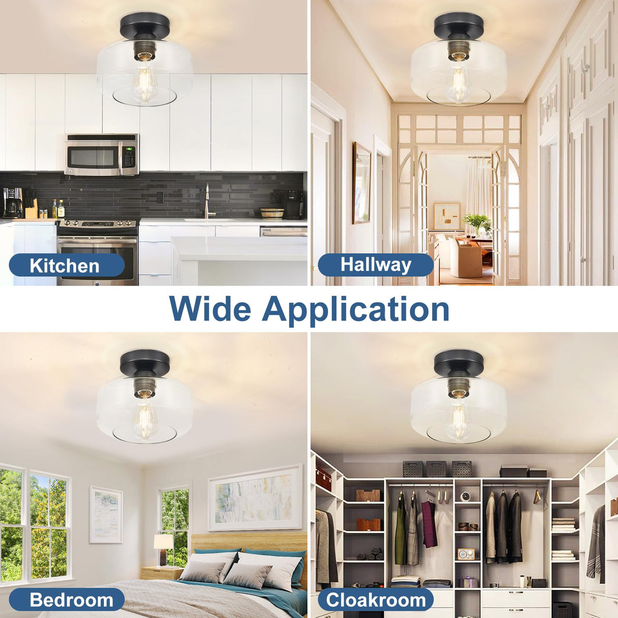 Industrial Semi Flush Mount Ceiling Light: Black Kitchen Lighting Fixtures Ceiling with Clear Glass - Vintage Hallway Light Fixtures E26 Bulb Included - 8.46” Light Fixtures Ceiling Mount for Foyer DINGLILIGHTING