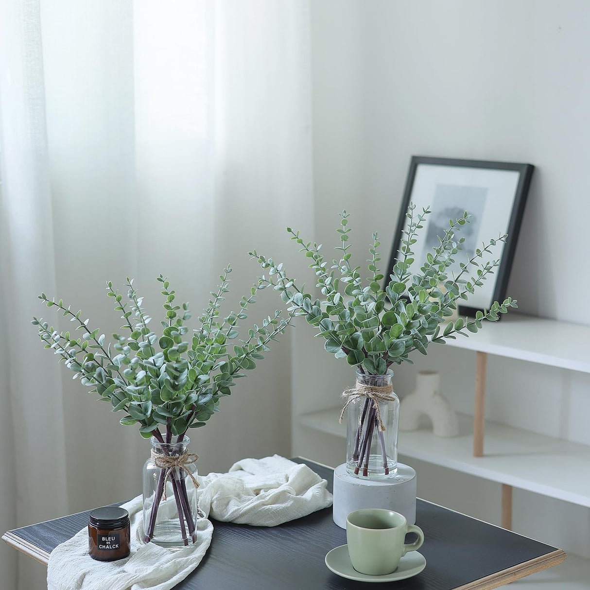 VIERENA 17.5" Artificial Eucalyptus Stems in Glass Vase with Faux Water,Fake Plant Eucalyptus Leaves White Seeds for Centerpiece Table Decorations Farmhouse Wedding Home Greenery Decor (Sage Green) VIERENA