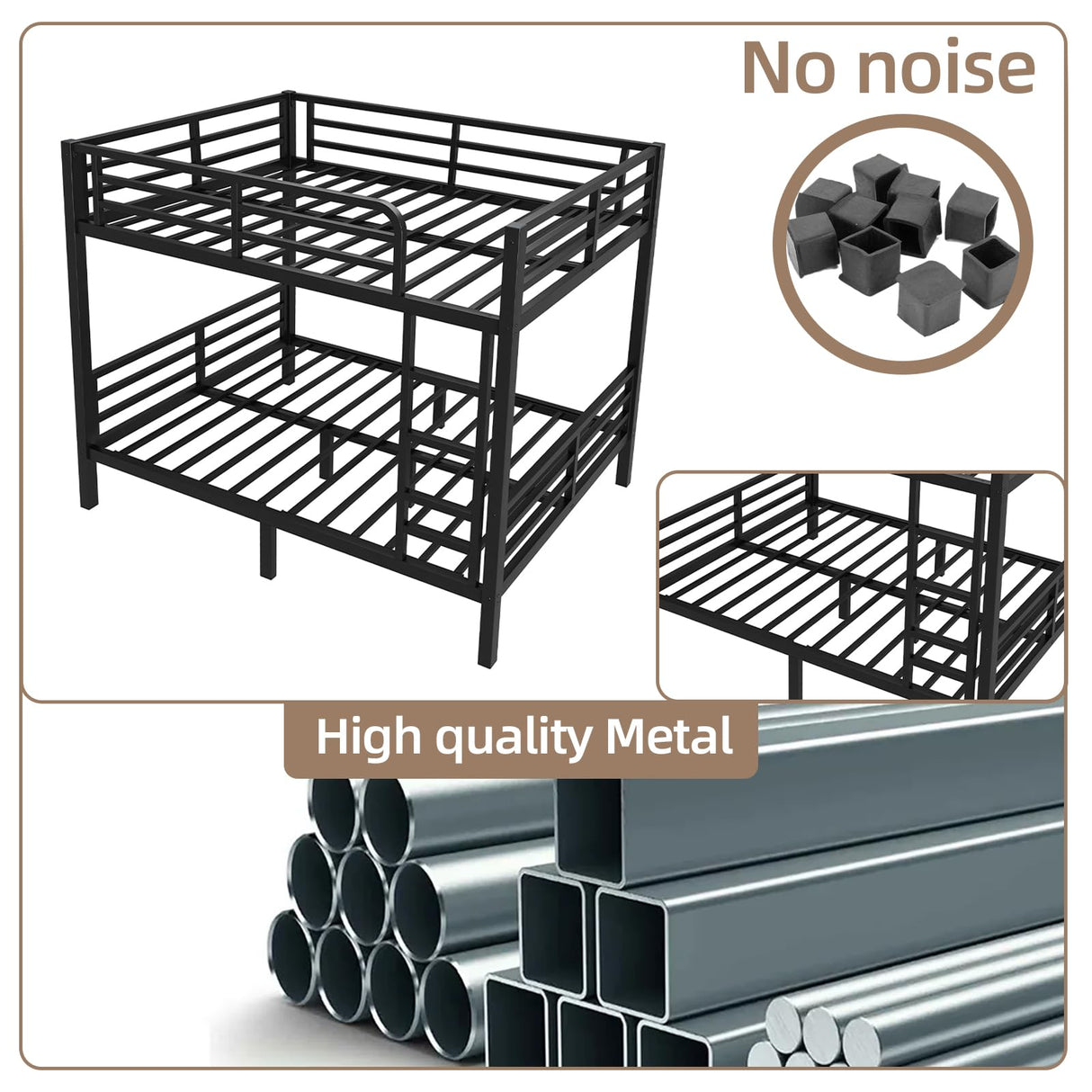 HKOLIE Full Over Full Bunk Bed, Metal Bunk Bed Frame Heavy Duty Bunk Beds Loft Bed Frame with Ladder and Guardrail Metal Slats No Box Spring Required for Adults Teens, Black HKOLIE