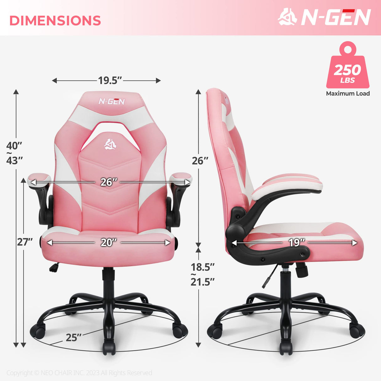 N-GEN Video Gaming Computer Chair Ergonomic Office Chair Desk Chair with Lumbar Support Flip Up Arms Adjustable Height Swivel PU Leather Executive with Wheels for Adults Women Men (Pink) NEO CHAIR
