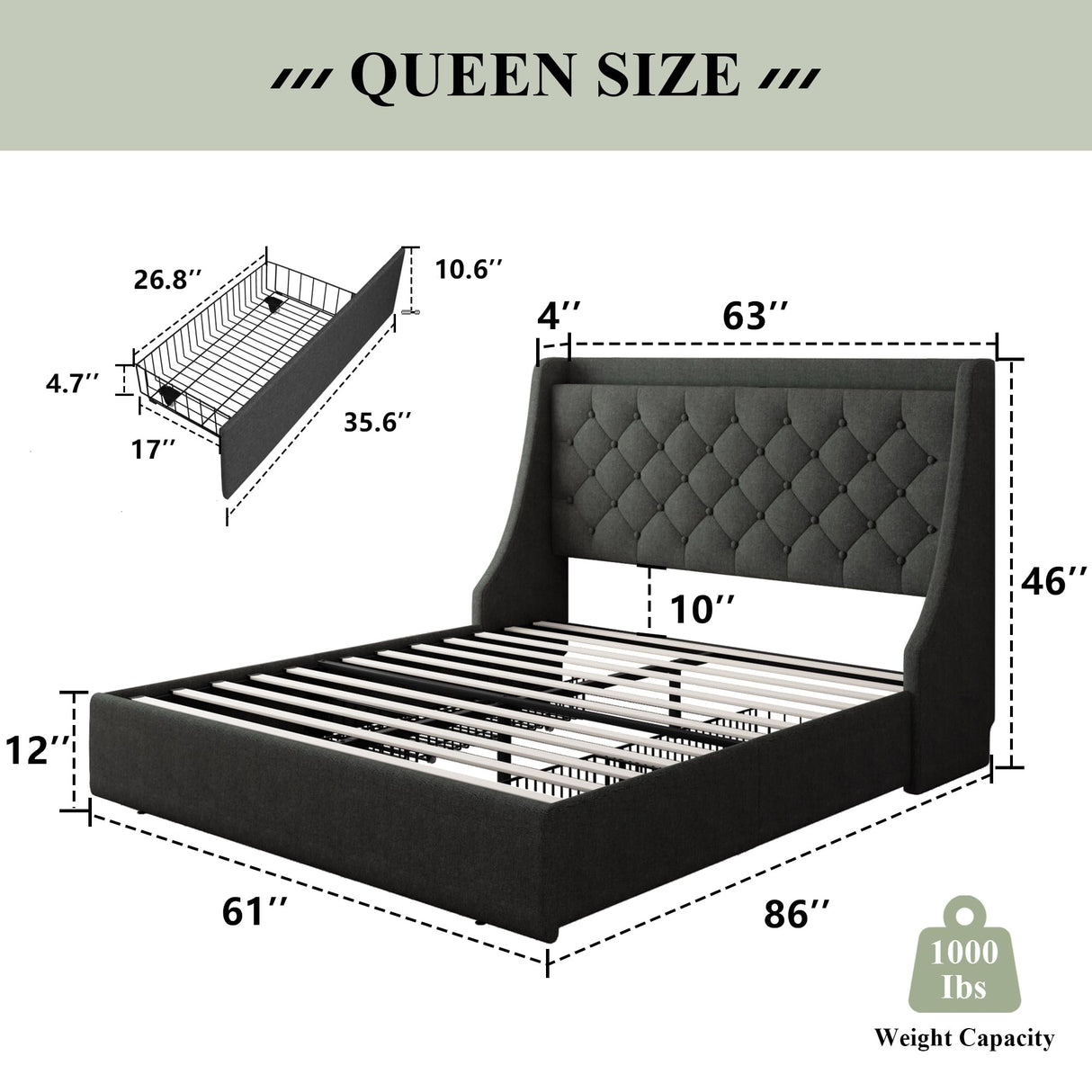 Feonase Queen Bed Frame with 4 Storage Drawers, Upholstered Storage Bed with Charging Station, Tufted Wingback Headboard, No Box Spring Needed, Dark Grey Feonase
