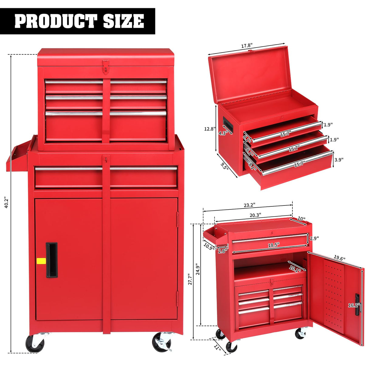 Winado 4-Drawer Rolling Tool Chest with Wheels & Lock, Tool Box with Large Storage Cabinet and Adjustable Shelf, Removable Portable Top Box for Garage, Warehouse, Factory (Red) Winado