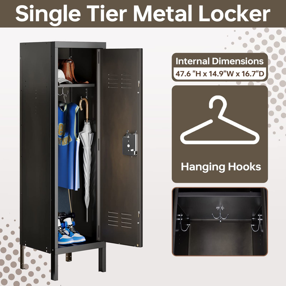 MIIIKO Metal Storage Locker Cabinet with 1 Door, 18“ Deep Lockers with Hanging Hooks, Clothes Locker for School, Bedroom, Home Office, Gym and Changing Room MIIIKO