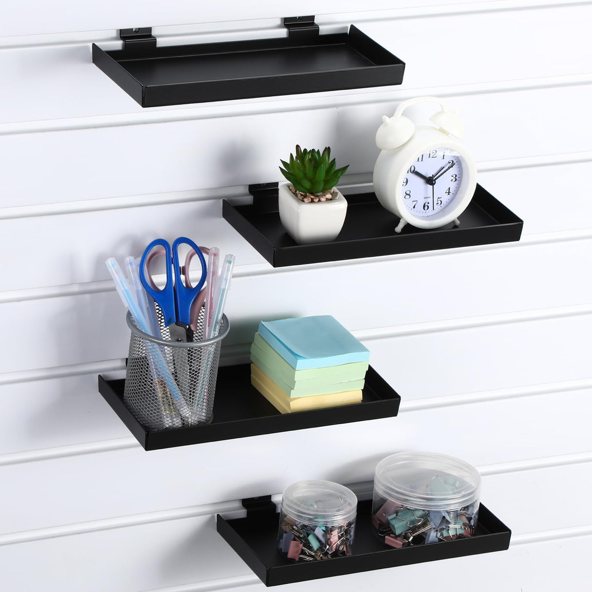 Blulu 4 Pack 10 x 4.3 Inch Slatwall Shelves, Retail Display Shelves Panel Metal Boutique Display Slat Wall Shelf Accessories for Home Shoe Stores Boutiques Storage Shelf Organization(Black) Blulu