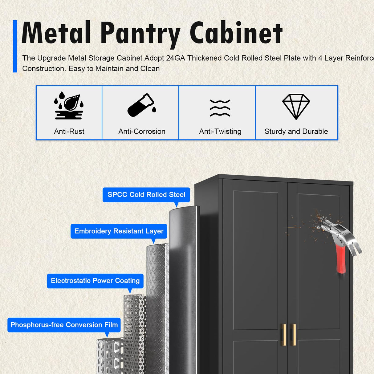Polup 60 Inch Tall Pantry Cabinet, Metal Kitchen Storage Cabinet with Doors and Shelves, Black Cupboard for Food Storage, Freestanding Cabinet for Living Room, Dining Room - Assembly Required Polup