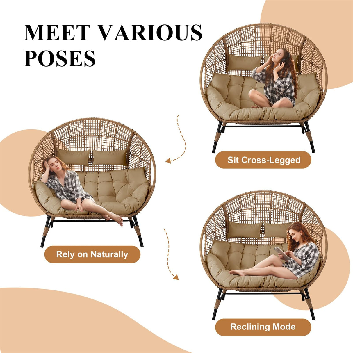 FINCATI Indoor Outdoor Double Egg Chair, 2 Person Oversized Wicker Rattan Stationary Lounge Chair with Legs, 680 lbs Loveseat Boho Egg Basket Chairs for Patio Garden Backyard Living Room Brown FINCATI