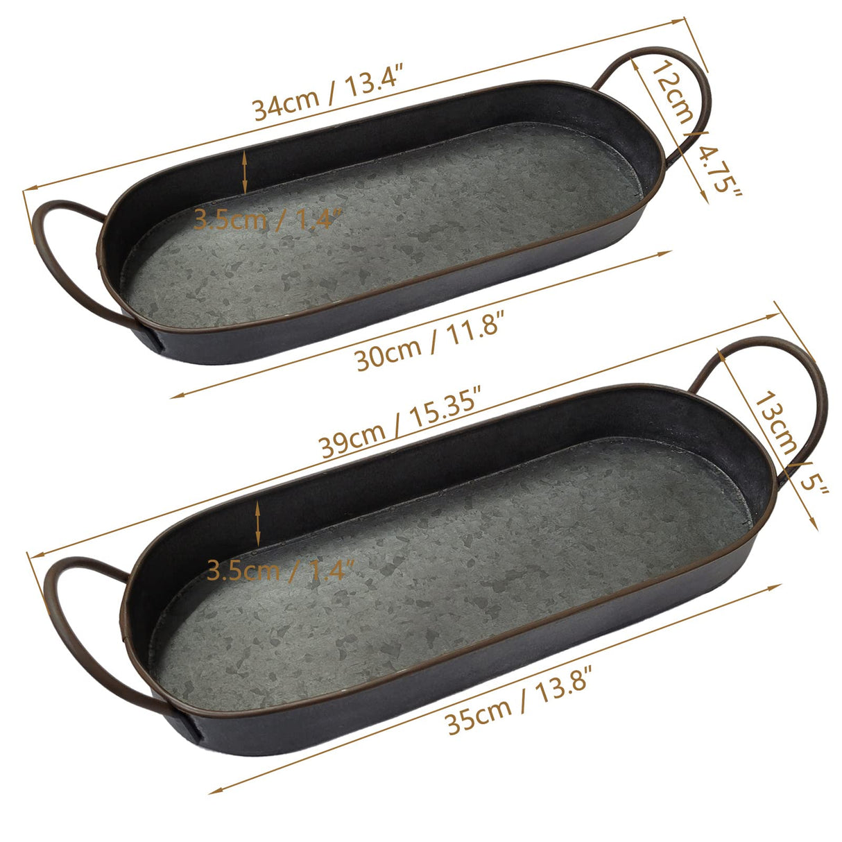 2 Pcs Metal Galvanized Tray Rustic Metal Decor Shabby Chic Farmhouse Tray Galvanized Centerpiece Oval Tray Set Auto-plaza