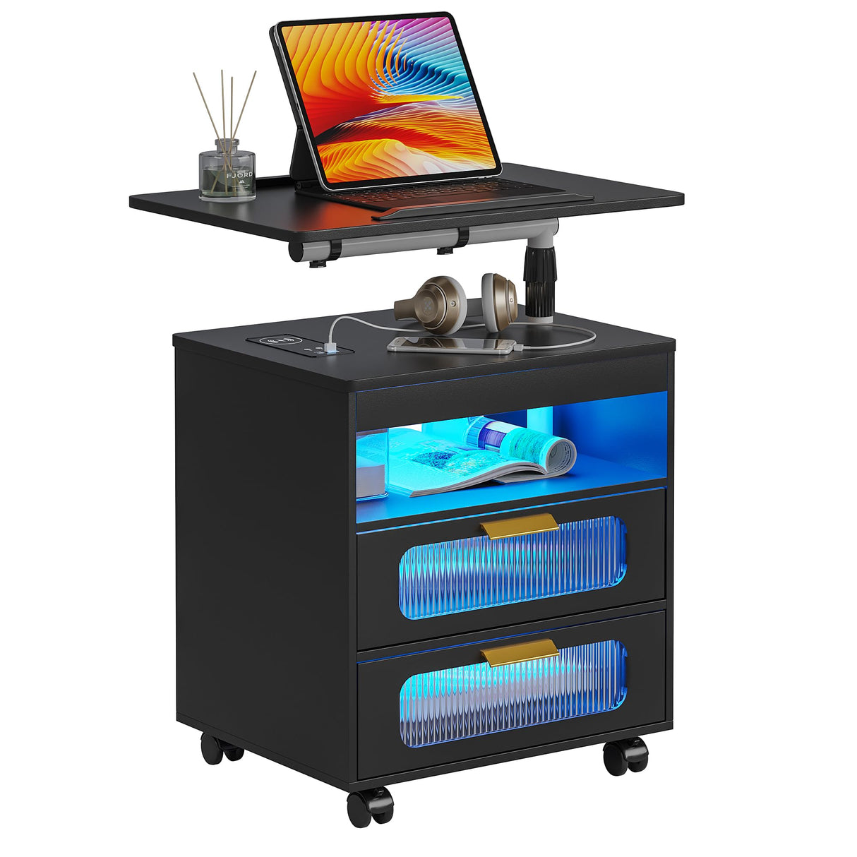 HNEBC Nightstand with Wireless Charging Station, LED Nightstand Has Adjustable Rotary Workstation,Smart Night Stand with 2 Drawers,Modern Bedside Table for Bedroom, Sensor Light/Wheel (Black) HNEBC