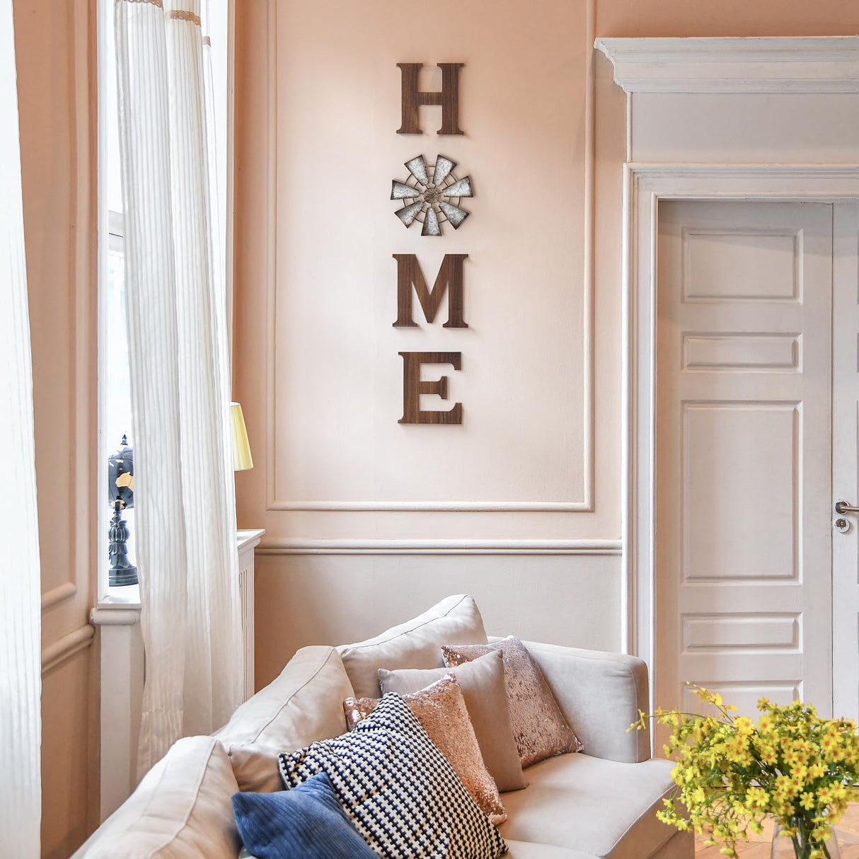 Mkono Farmhouse Wall Decor Wooden Home Sign with Metal Windmill for O Rustic Hanging Letters Decorative Art Signs Living Room Kitchen Bedroom Entryway House, Brown Mkono