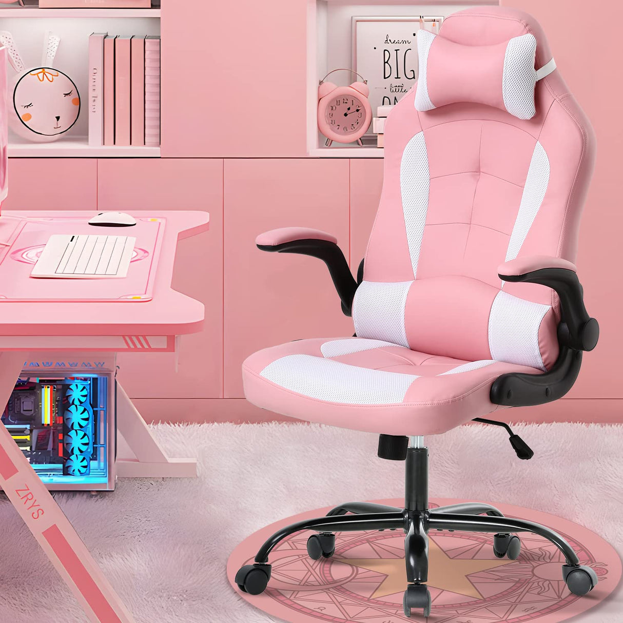 Gaming Chair for Adult, Kids Pink Office Desk Chair Ergonomic High Back Computer Chair with Lumbar Support Flip-up Arms Headrest PU Leather Swivel Task Chair for Girls Dkeli