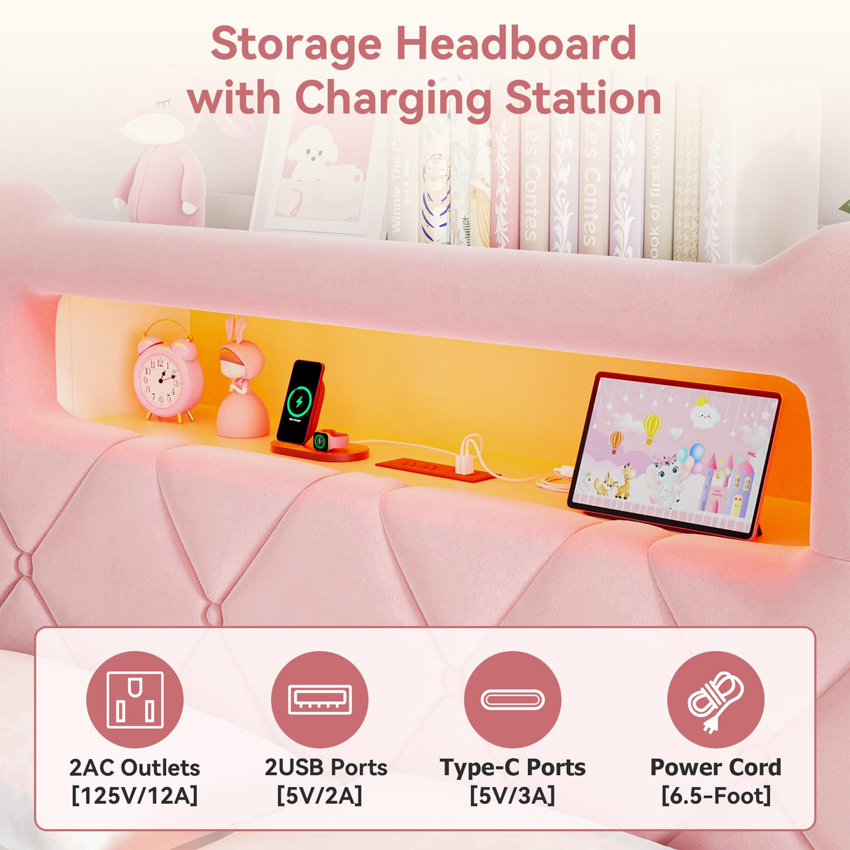 Full Upholstered LED Bed Frame with 2 Storage Drawers and 2-Tier Storage Headboard, Velvet Princess Platform Bed with Charging Station & Bookcase, Heavy Duty Metal Support, No Box Spring Needed, Pink Jocoevol