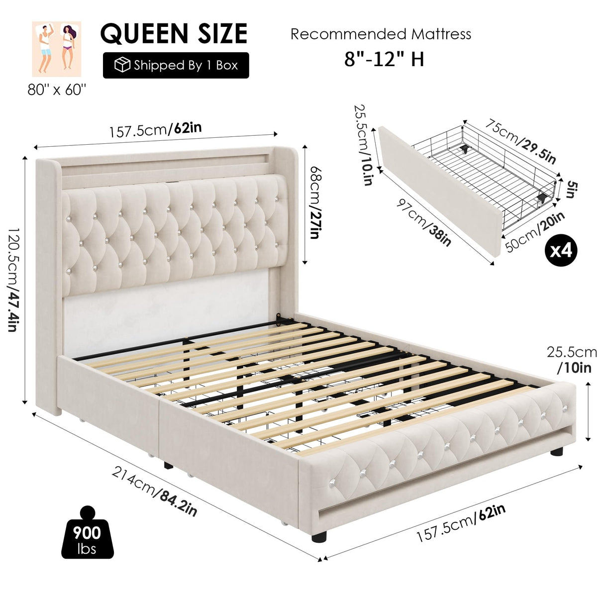 HIFIT Queen LED Bed Frame with Charging Station and 4 Storage Drawers, Velvet Upholstered Platform Bed with Handcrafted Crystal Button Wingback Headboard, Metal Frame with No Box Spring Needed, Beige HIFIT
