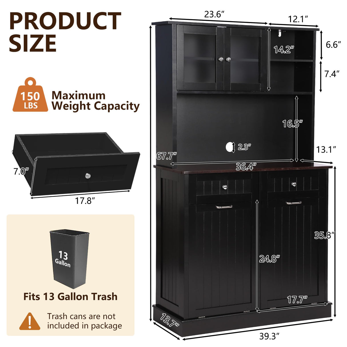 LOUVIXA Kitchen Pantry Storage Cabinet, Microwave Cabinet with Tilt Out Trash Cabinet,Tall Pantry Cabinet Cupboard, Freestanding Kitchen Hutch (Classic Black) LOUVIXA