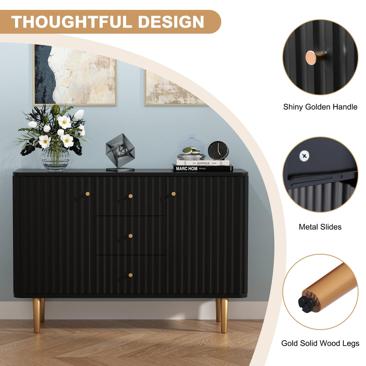 ARTPOWER Black Sideboard Buffet Cabinet with Drawers, 48" Fluted Accent Cabinet, Modern Credenza Storage Cabinet Console Table with Drawers for Entryway, Living Room, Dining Room ARTPOWER