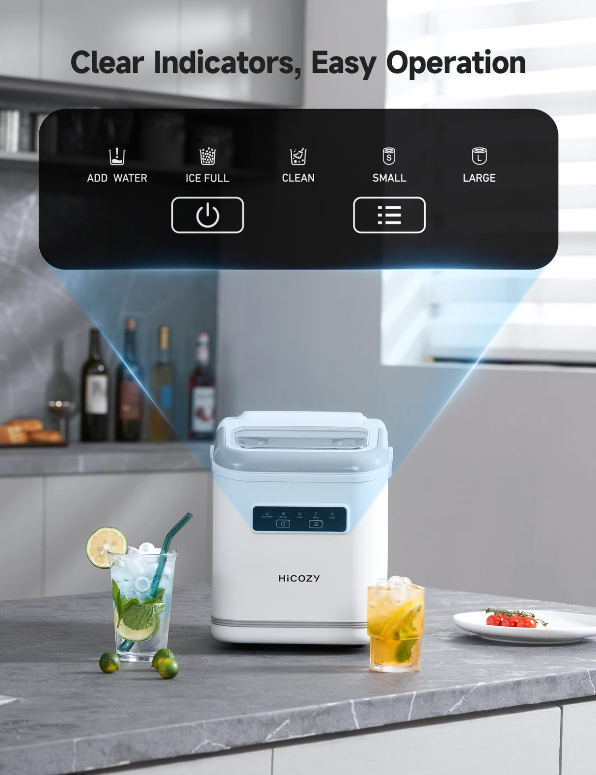 HiCOZY Countertop Ice Maker with Handle, Ice in 6Mins, 26 lbs/Day, Portable Ice Maker Machine with Self-Cleaning for Apartment/Under Cabinet/Kitchen/Office/Camping/RV/Home Bar(White) Hicozy