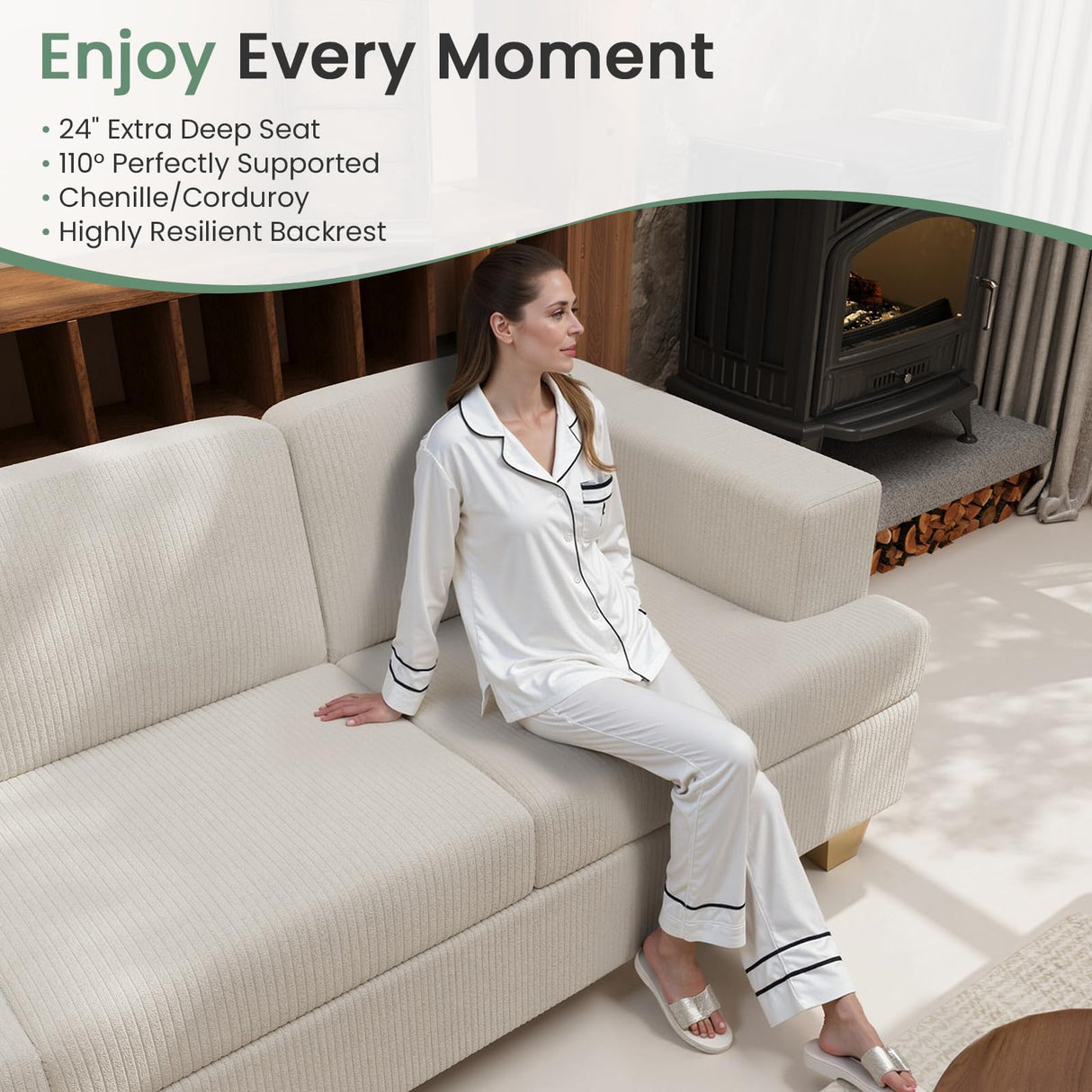 2 Pieces Corduroy Couch Set for Living Room, 5 Seats Cloud Sofa, Deep Seat Floor Couch for Bedroom, Futon Modern Sofa Bed, White Corduroy YOUDENOVA