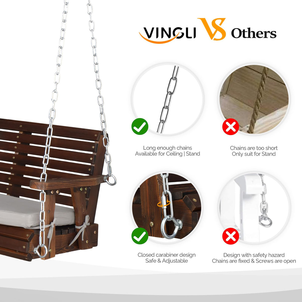 VINGLI Heavy Duty 880 LBS Patio Wooden Porch Swing Outdoor with Extra Cushion, Farmhouse Hanging Bench Tree Swing with Adjustable Chains for Yard | Garden | Lawn | Balcony (5 FT, Rustic) VINGLI