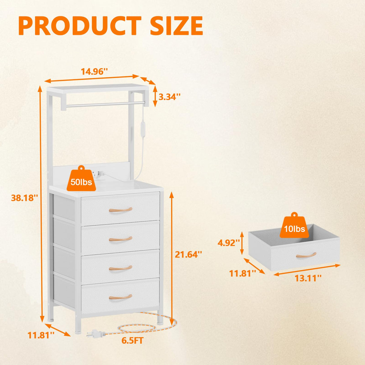 Furnulem White Tall Nightstand, LED Night Stand with Charger Station and Storage Shelves, 4 PU Finish Fabric Storage Drawers, Bedside Table, Bed Side Table for Bedroom,Dorm,Office Furnulem