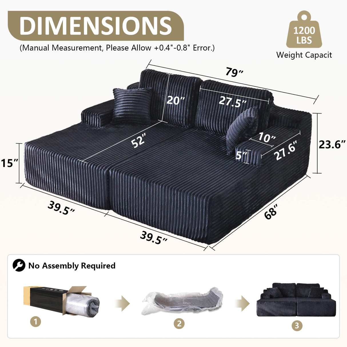 Oversized 79” Double Chaise Lounge Sofa Bed, Deep Seat Corduroy Cloud Loveseat Chair, No Assembly, Plush Upholstered Sleeper for Living Room or Bedroom (Black) WHGBJA