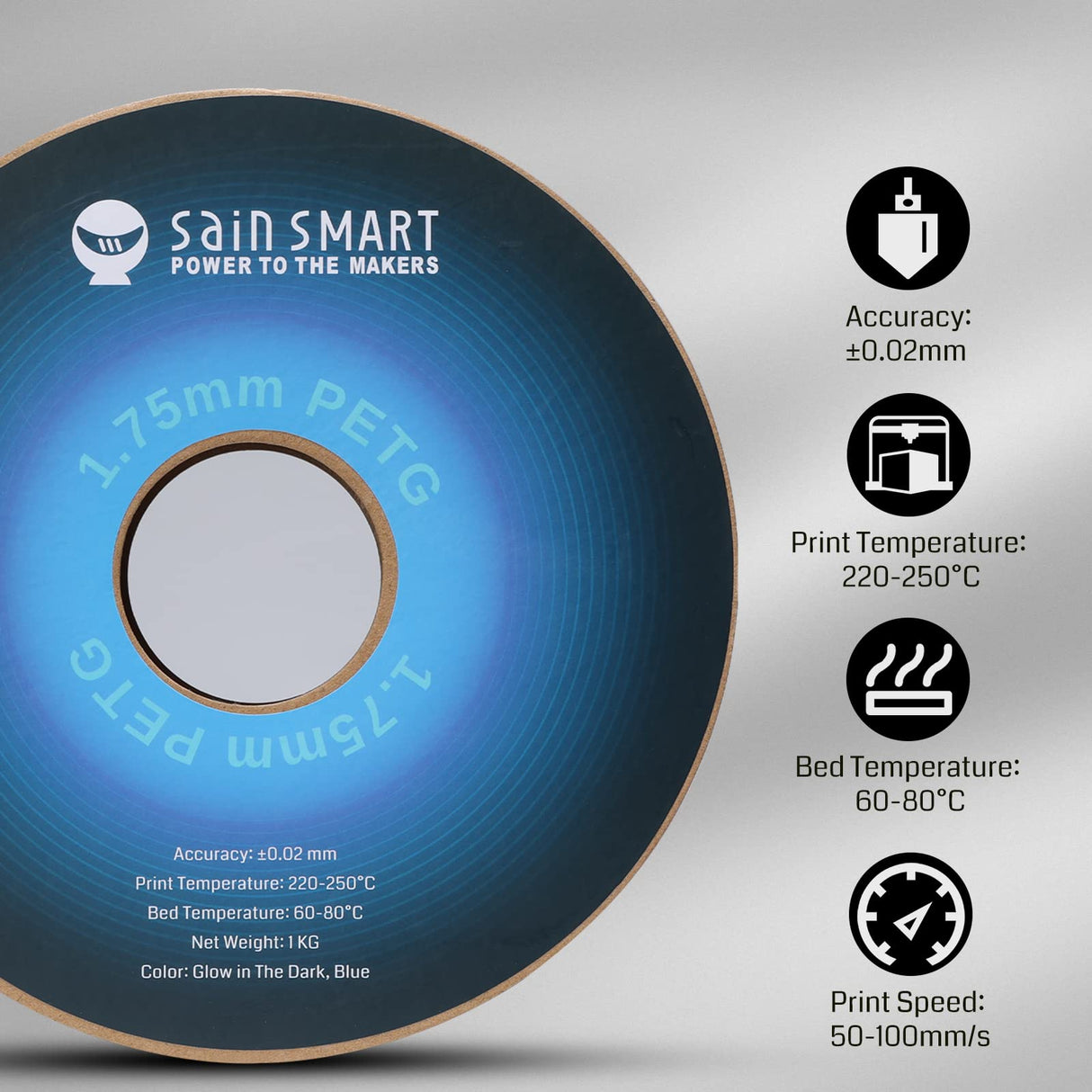 SainSmart Grow in The Dark Blue PETG Filament, 1.75mm PRO-3 PETG 3D Printer Filament, Glow Blue, 2.2 LBS (1KG) Spool, Dimensional Accuracy +/- 0.02mm SainSmart