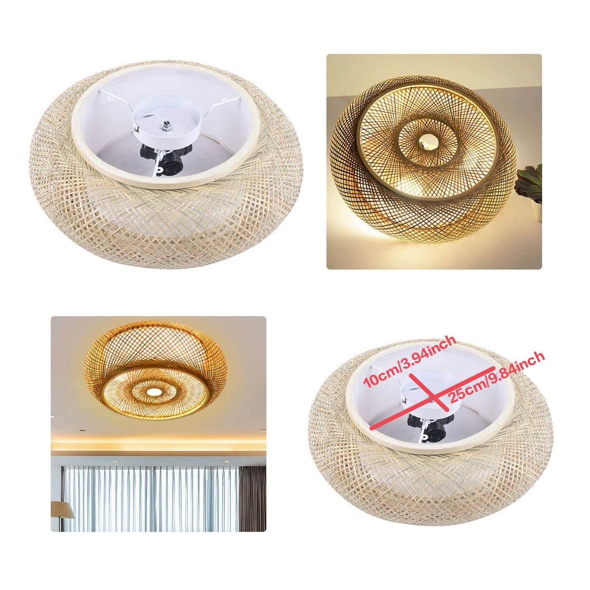 16"Woven Wicker Boho Light Fixtures Ceiling Mount, Hand-Woven Shade Flush Mount Ceiling Light, Farmhouse Rattan Ceiling Light Drum Shade, Flush Mount Chandelier for Bedrooom Nursery Restaurant OUKANING