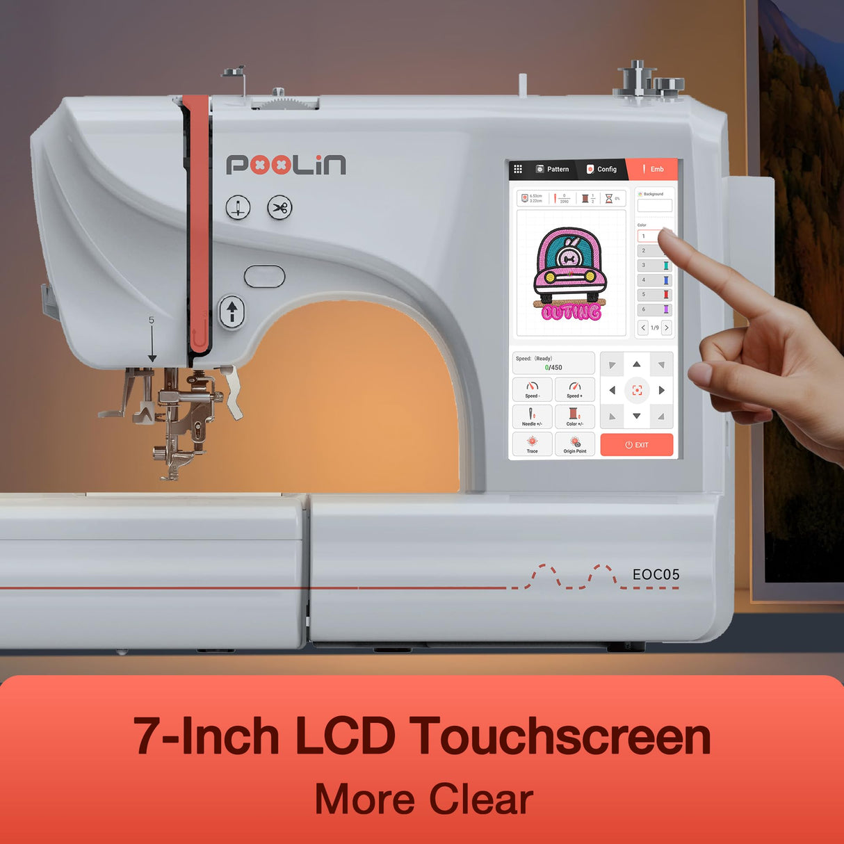 EOC05 Embroidery Machine 4 x 9.25 Inch Large Hoop Embroidery Area,Computerized Embroidery Machine with 7 Inch LCD Color Touchscreen,USB,with Starter Bundle Machine Embroidery for Beginners Poolin