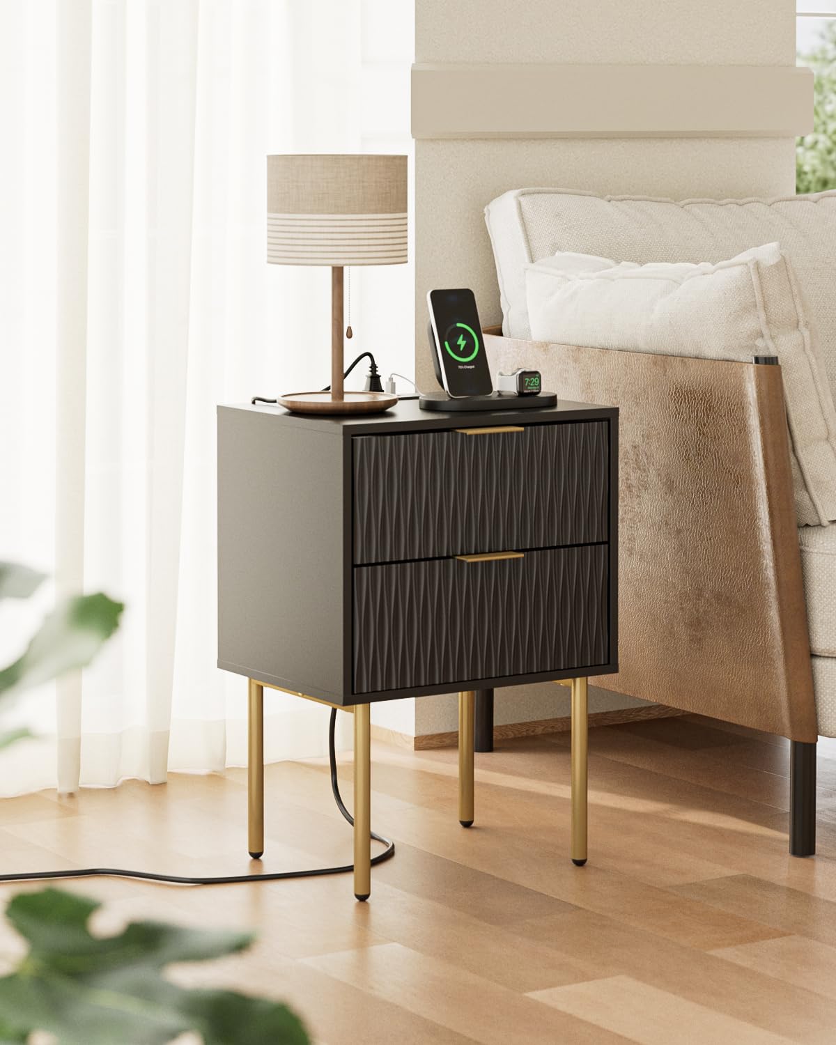 Aienvey Night Stand Charging Station, Modern Bedside Table with Storage 2 Drawer and Open Wood Shelf, Night Stand, End Table for Bedroom, Living Room, Black Aienvey