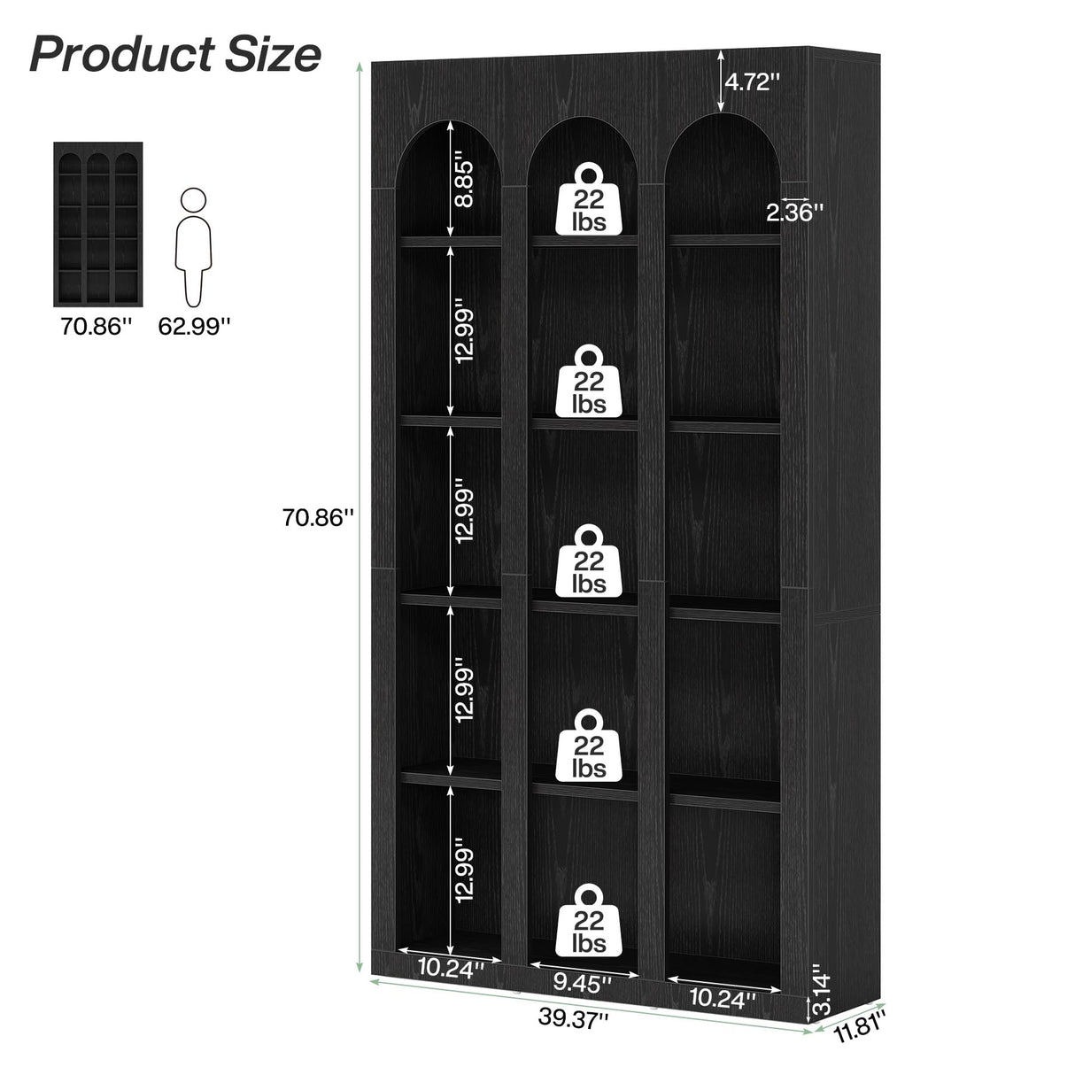 Tribesigns 5-Tier Farmhouse Arched Bookshelf, 70.87-Inch Mid Century Modern Bookcase with Open Shelves, Tall Wood Book Shelf Gothic Display Storage Shelving Unit for Home Office, Black Tribesigns