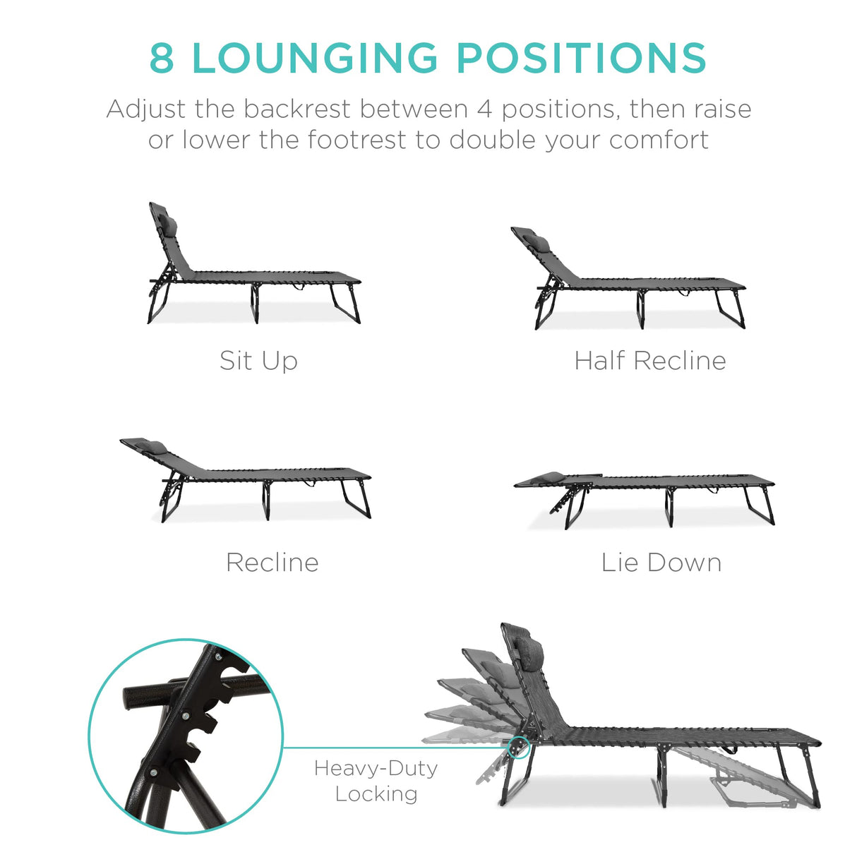 Best Choice Products Patio Chaise Lounge Chair, Portable Outdoor Folding Recliner for Lawn, w/ 8 Positions, Handles, 300lb Capacity - Gray Best Choice Products