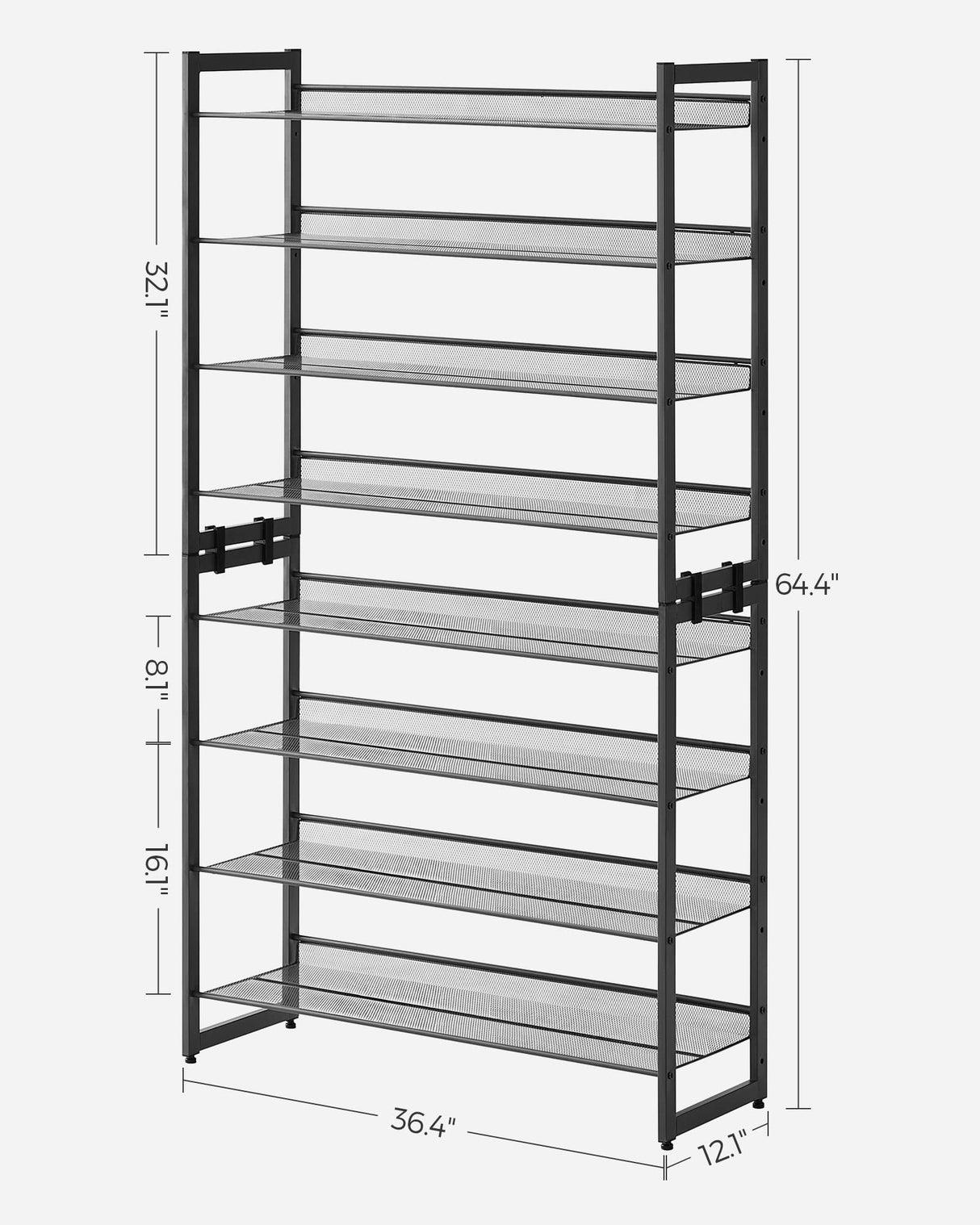 SONGMICS Shoe Rack, 8-Tier Shoe Organizer, Metal Rack for Garage, Set of 2, 4-Tier Stackable Shelf, with Adjustable Flat or Angled Shelves, 32-40 Pairs, Ink Black ULMR08B SONGMICS