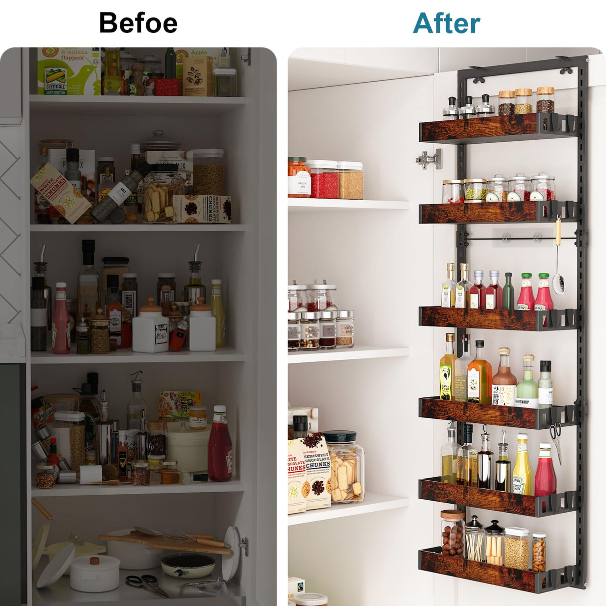 bukfen Over the Door Pantry Organizer, 6-Tier Adjustable Wooden Basket Kitchen Pantry Door Organization and Storage, Heavy-Duty Metal Hanging Kitchen Spice Rack,D6.3 x W17.71 x H50.60 inch,1 Pack bukfen