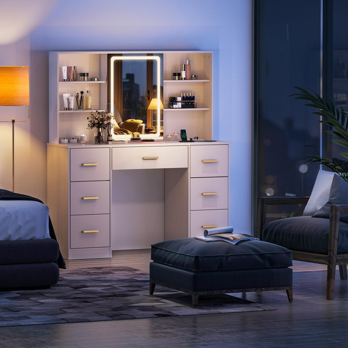 knoworld 47'' Large Vanity Desk with Mirror and Lights, 7 Drawers, 8 Storage Shelves Vanity Table, Big Makeup Vanity Desk with 3 LED Lighting Modes, Vanity Dresser with Outlet, Sliding Mirror (White) knoworld