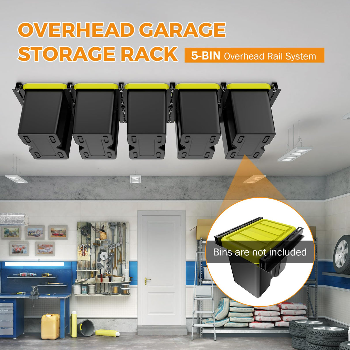 BEAMNOVA Overhead Garage Storage Rack, Heavy Duty Ceiling Storage System for Garages, Sheds, Storerooms Overhead Bin Storage (6 PCS, for 5 Bins) BEAMNOVA