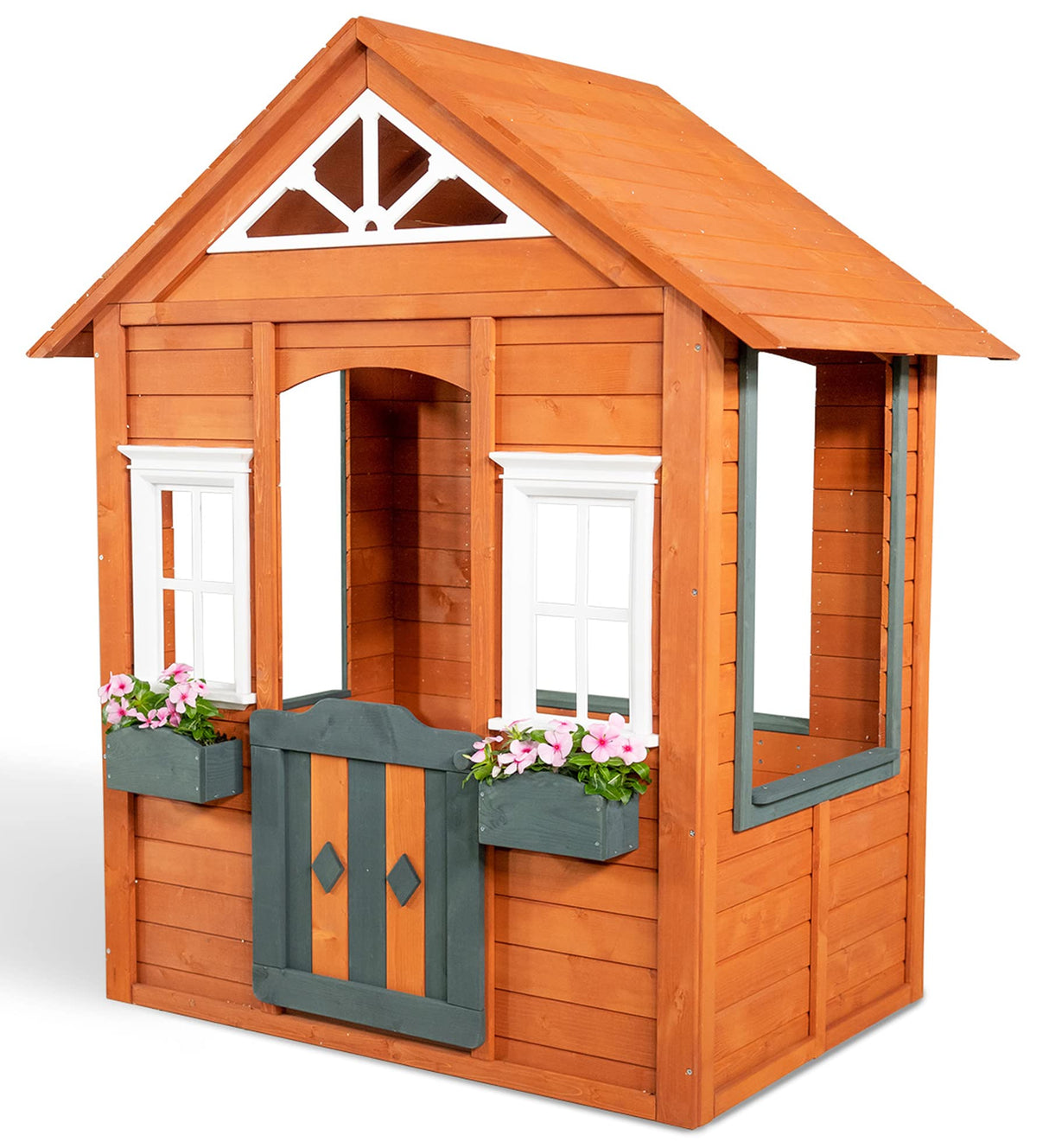 Sportspower Woodbridge Wooden Outdoor Backyard Playhouse with Flower Boxes, Red Sportspower