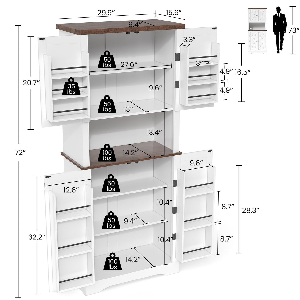 Apicizon 72" Kitchen Pantry Cabinet, Freestanding Kitchen Pantry Storage Cabinets with Barn Doors & Shelves, Utility Hutch Cabinet, Cupboard Organizer for Dining Room Living Room Bathroom Apicizon
