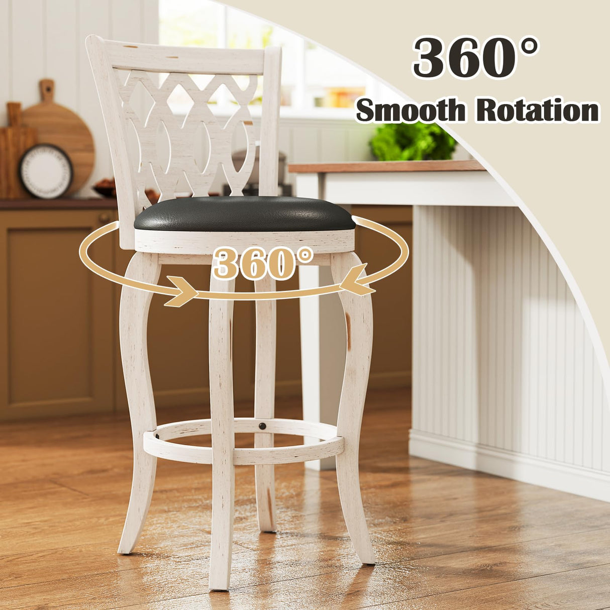 Callales 29" Bar Height Swivel Bar Stools Set of 2 for Kitchen Island, Farmhouse Barstool Counter Chair with Back and Footrest, Upholstered Barstools (White, Round Seat) Callales