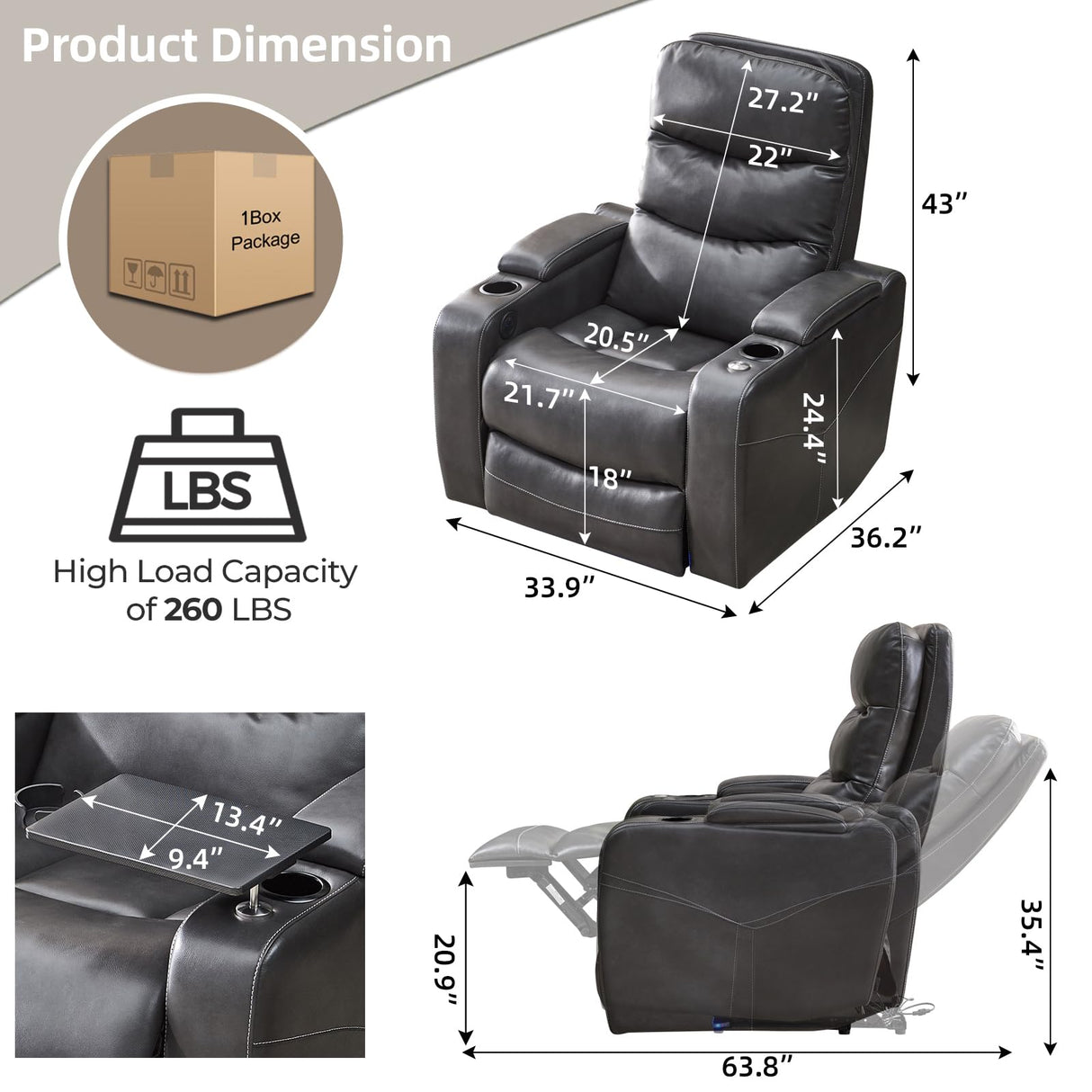 Electric Power Recliner Chair with LED Lights, Home Theater Seating with Swivel Tray Table, Faux Leather Recline Single Sofa Chair for Living Room with Hidden Arm Storage, Cup Holders, Grey, 1 Piece Comfort Stretch