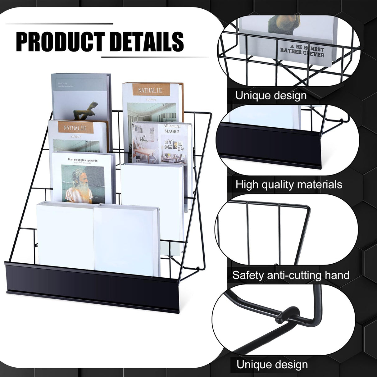 Sintuff Comic Book Display Rack 4-tiered Book Display Stand 18" Wire Rack Tabletop Signing CD Magazine Stand Metal Black Countertop Decor for Retail Library Classroom Picture Literature Brochure Sintuff