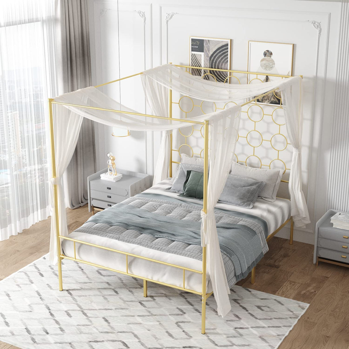 PAUKIN Gold Metal Canopy Bed Frame King/Mattress Foundation with Steel Slat Support/No Box Spring Needed/Easy Assembly (Gold, King) PAUKIN