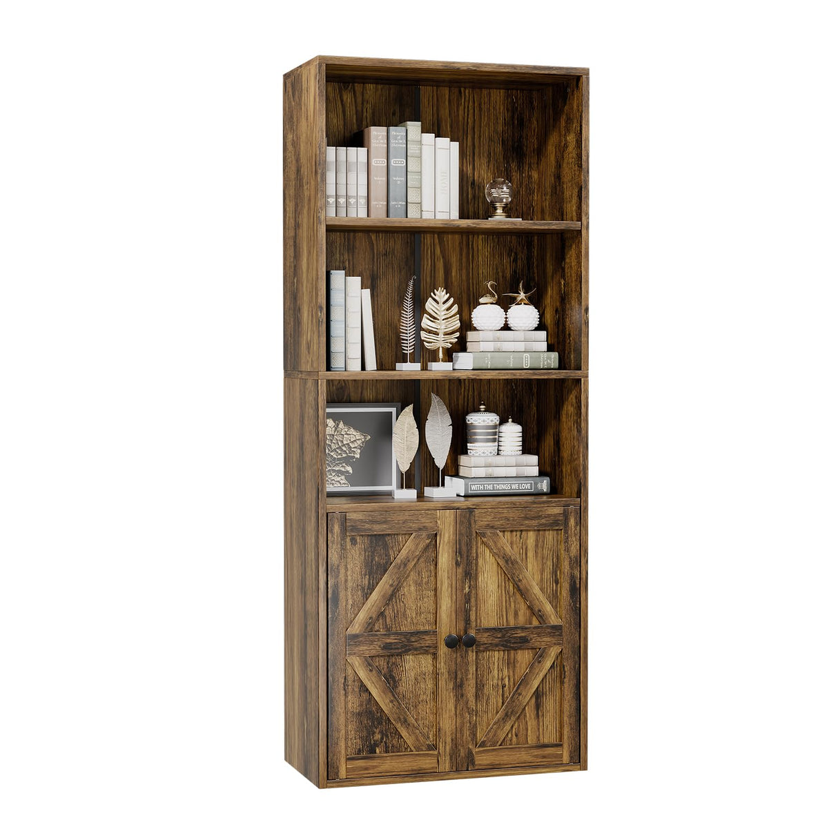 GRUSIGN 60 Inches Book Shelf Bookcase with Doors 5-Tier Floor Standing Wooden Tall Bookshelf with 2 Storage Cabinet and Adjustable Shelf for Home Office Living Room Brown GRUSIGN