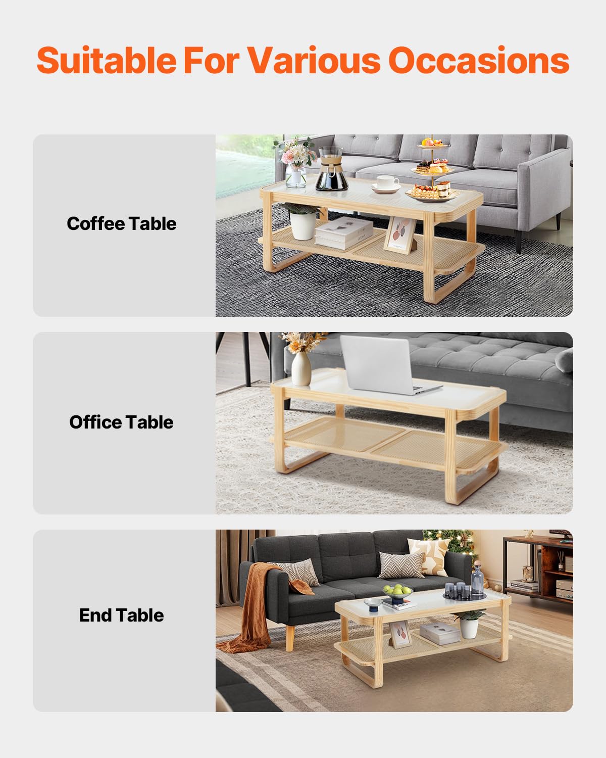 VEVOR Rattan Coffee Table, Rectangle Rattan Woven Wood Coffee Table with Tempered Glass Top, 45-Inch Modern Boho Storage Coffee Table with Natural Wood Legs, for Living Room, Bedroom & Small Spaces VEVOR