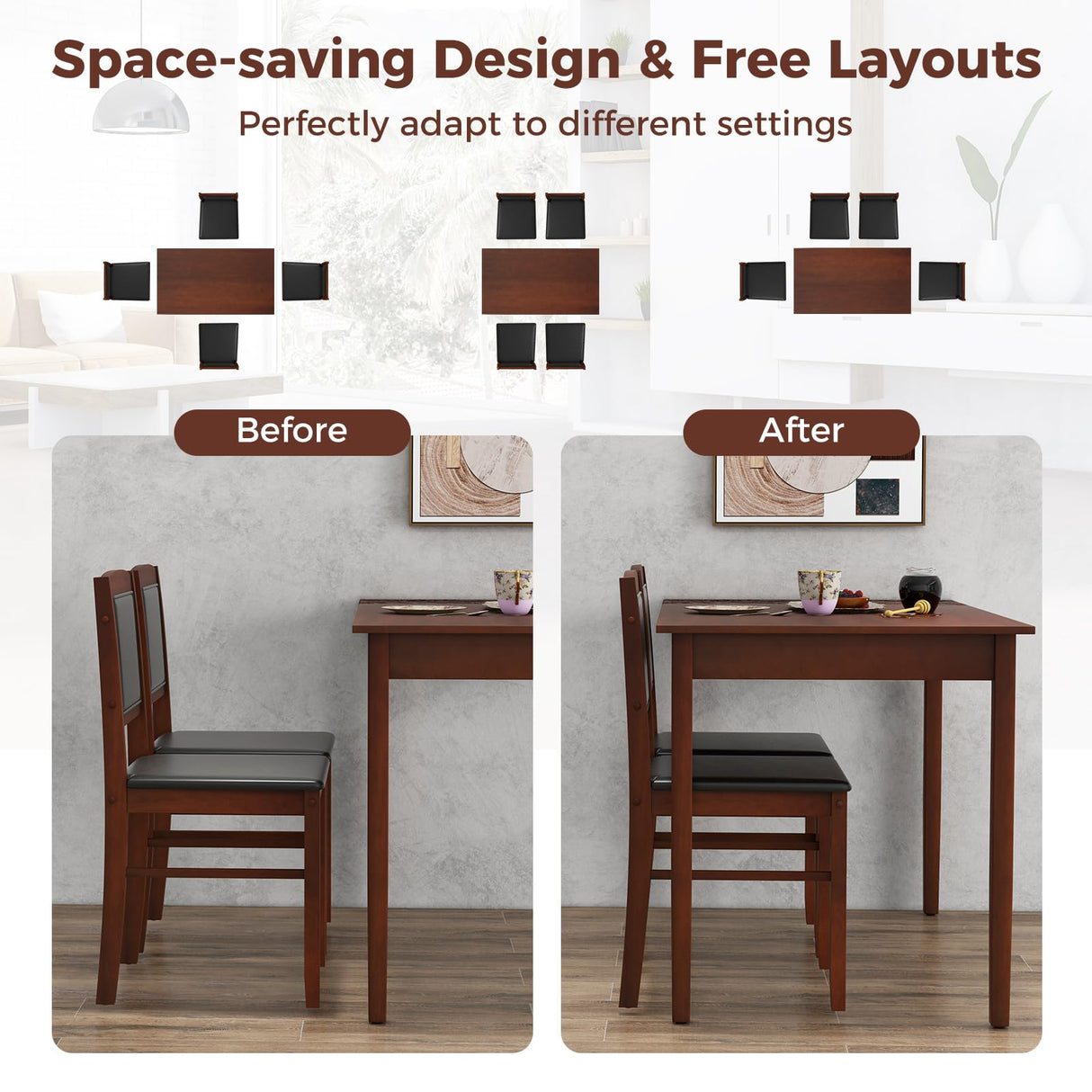 POWERSTONE Farmhouse Wood Dining Table Set for 4, Space-Saving Kitchen Table 4 Chairs Paded PU Leather, Rectangular 5 Piece Dining Table Set 4 Rubberwood Legs Chairs for Kitchen Indoor Dinner (Brown) POWERSTONE