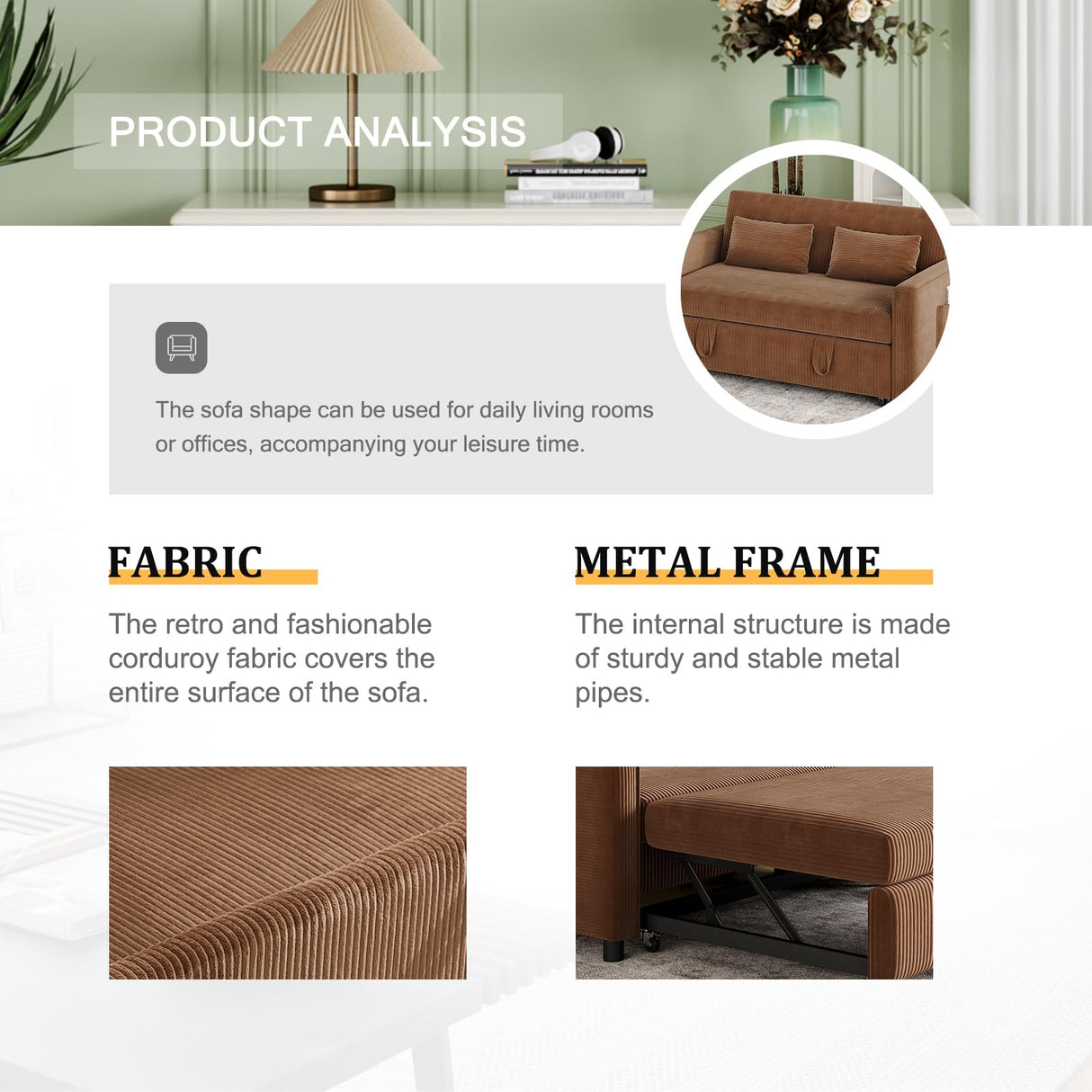 ECHINGLE Sleeper Sofa with Pull Out Sofa Bed,Corduroy Futon Sofa Bed with 3 Level Adjustable Backrest & Storage Pockets and 2 Toss Pillows,Modern Couch Bed for Living Room,Bedroom(Brown) ECHINGLE