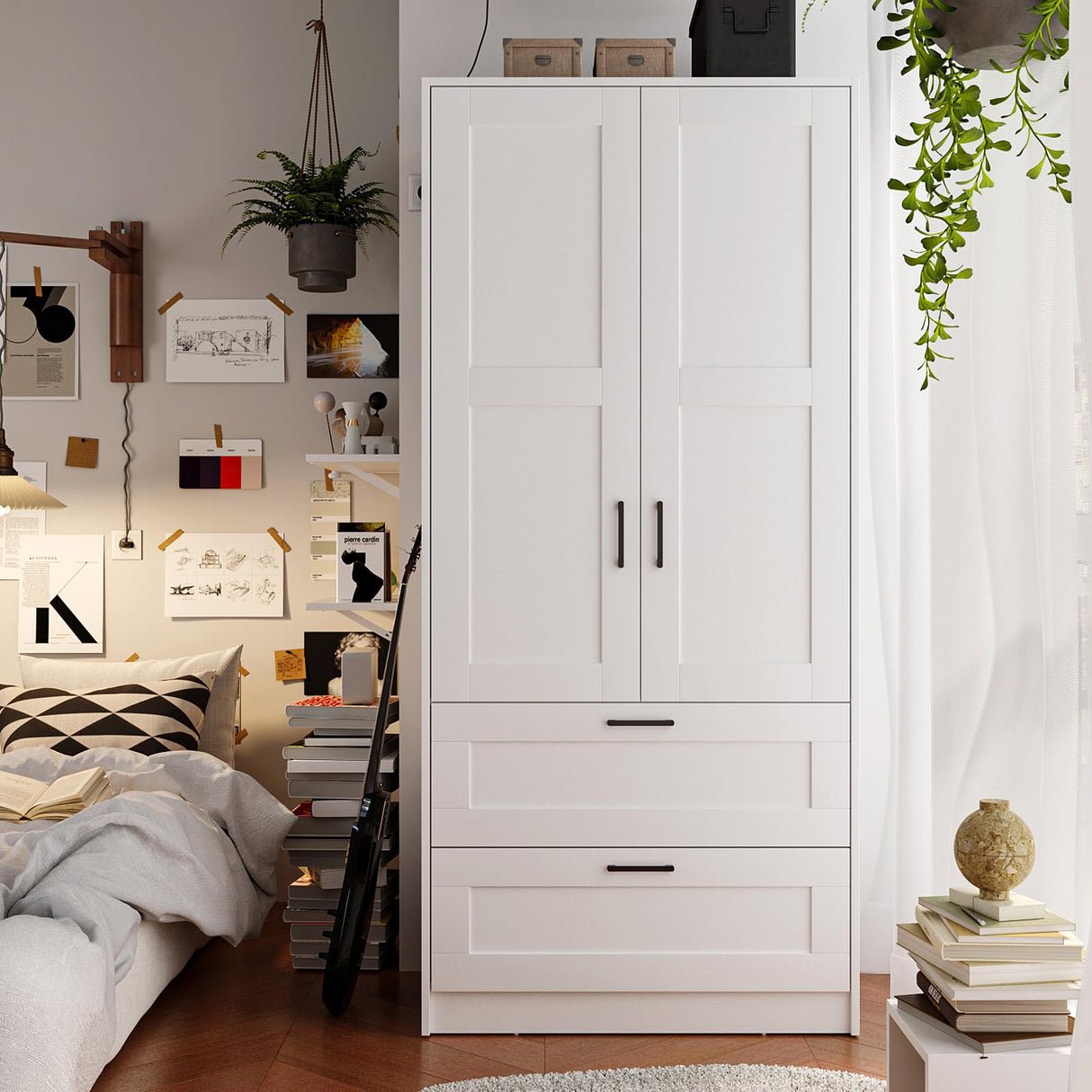 Fenghua Lizhi Wood White Wardrobe Closet with 2 Doors and 2 Drawers,Bedroom Freestanding Armoire Storage Cabinet with Shelves,Wooden Wardrobe Combination for Hanging Clothes (White 2 Drawers) Fenghua Lizhi