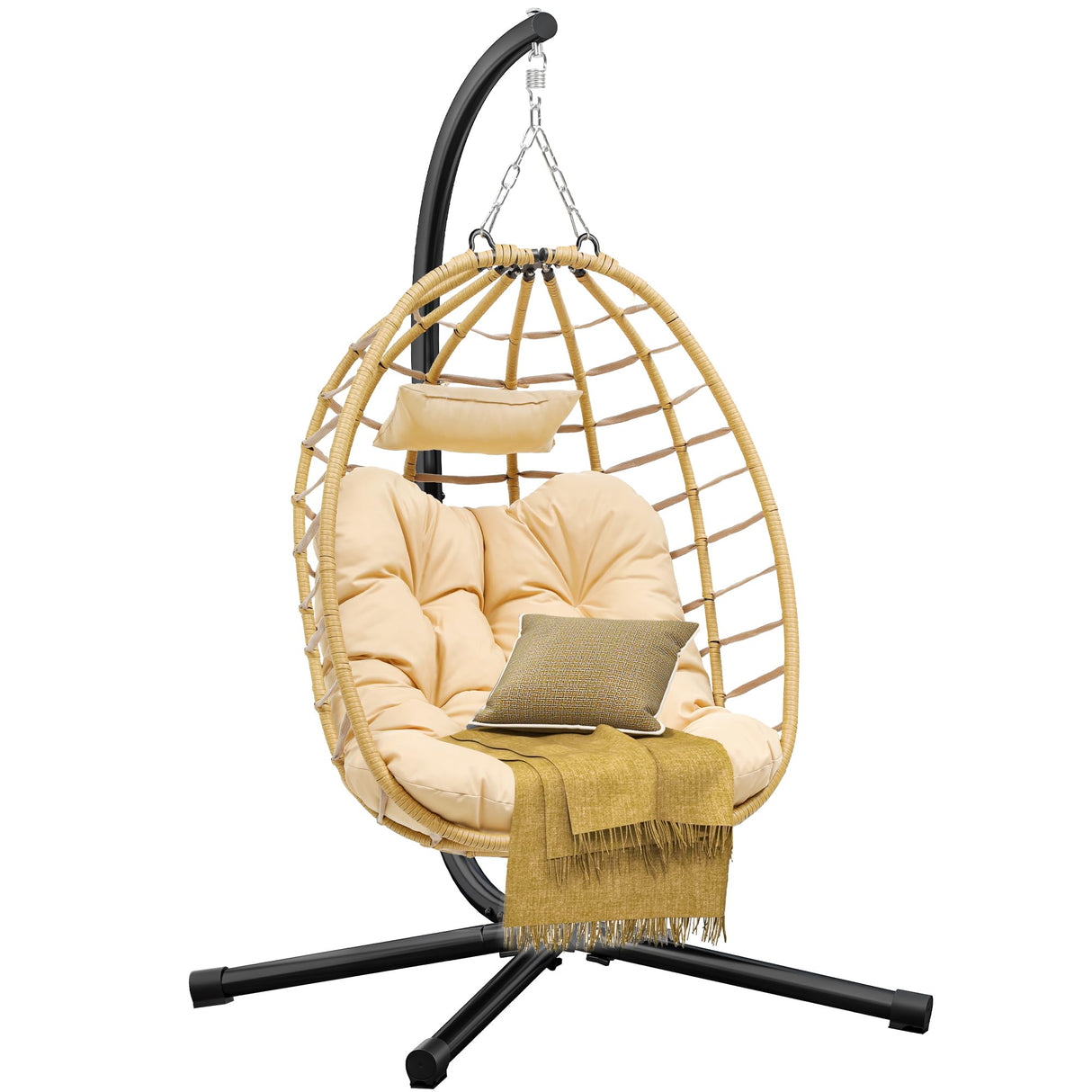 DWVO Egg Hanging Swing Chair with Stand Egg Chair Wicker Indoor Outdoor Hammock Egg Chair with Cushions 330lbs for Patio, Bedroom, Garden and Balcony, Beige DWVO