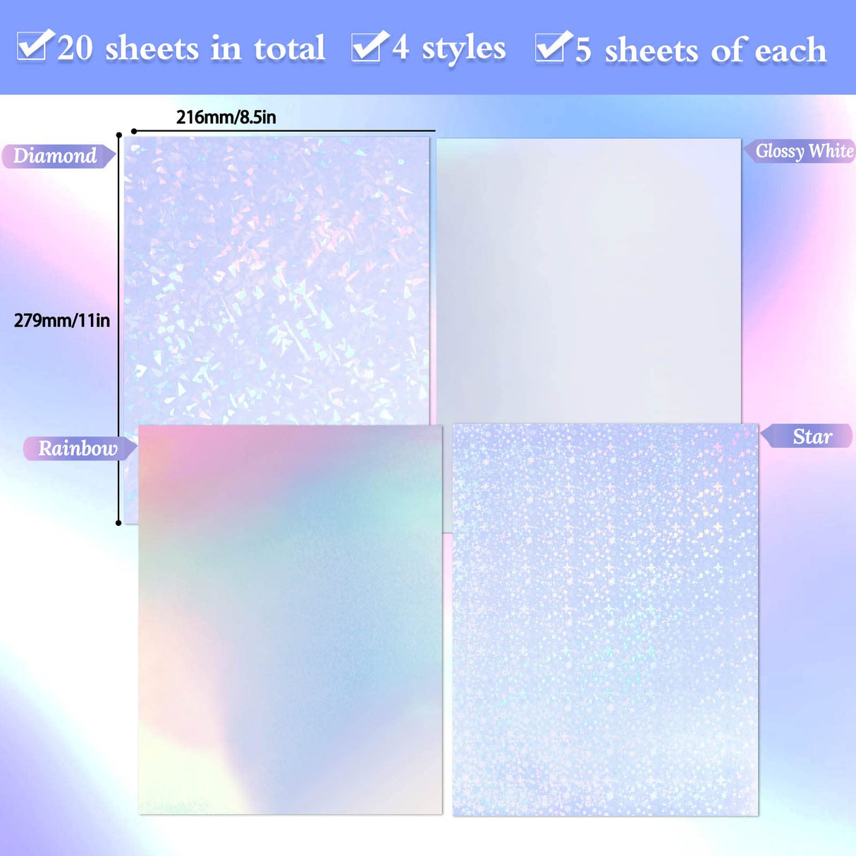 20 Sheets Holographic Printable Sticker Paper, 8.5x11 Inch Vinyl Sticker Paper for Inkjet & Laser Printer, Waterproof Dries Quickly Sticker Paper - Diamond/Rainbow/Glossy White/Star Cosrk