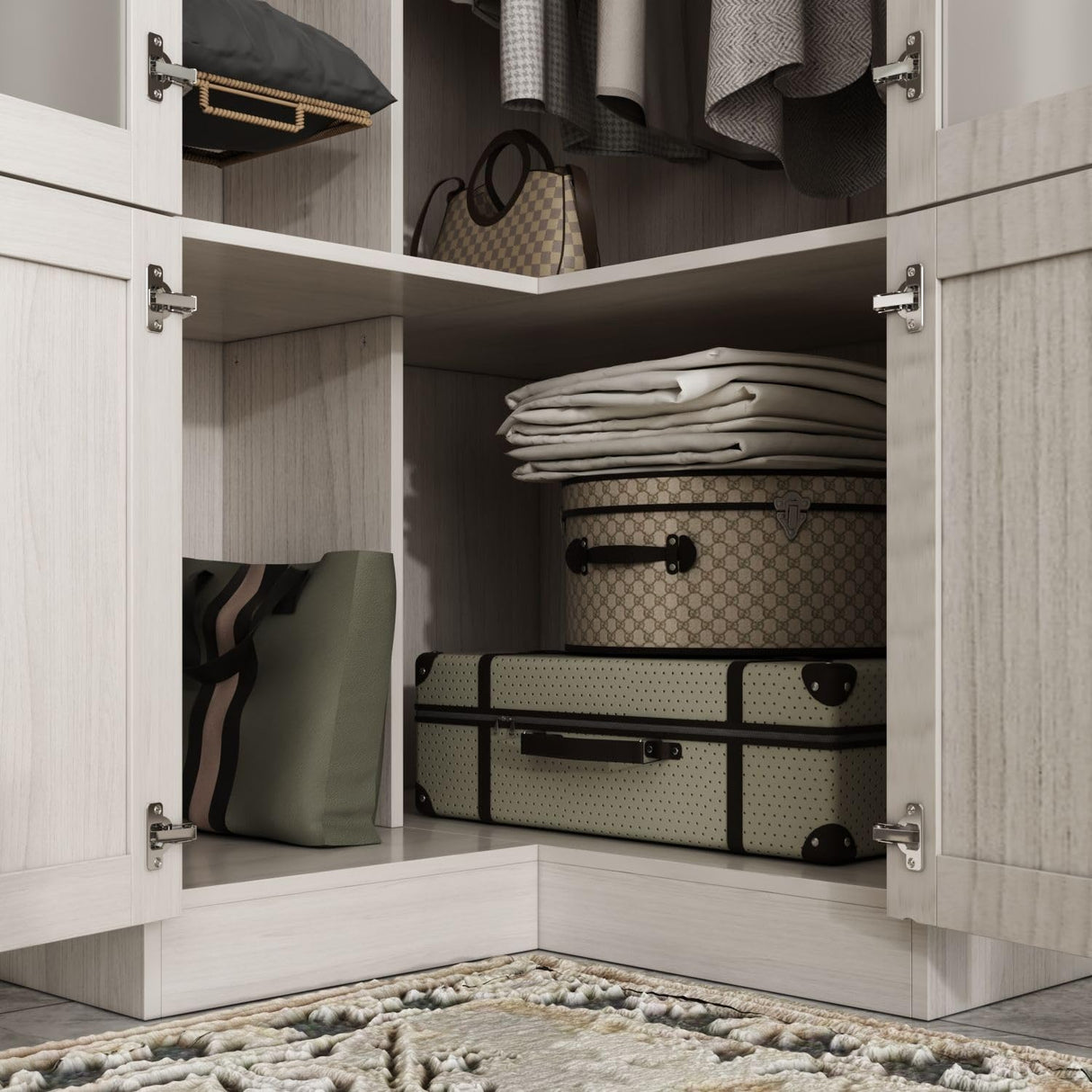 TAMUNE L-Shape Wardrobe Armoire Closet with Hanging Rod & Shelf, Bedroom Armoire with Frosted Glass Doors, Top Cabinets & Gold Knobs, Wood Grain, 35.4”D x 35.4”W x 86.6”H TAMUNE